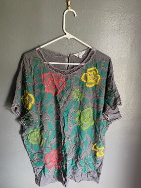 Opia Gray Tunic with Bright Floral Embroidery